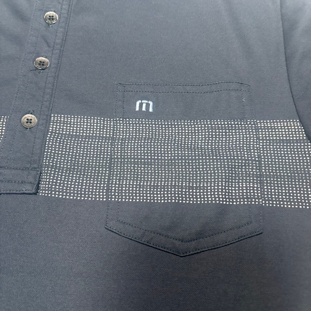 TravisMathew Polo Shirt Medium Black Grey Stripe Chest Pocket Short Sleeve - Picture 3 of 8